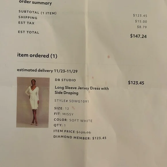 Long sleeve white jersey dress with side draping. NWT Size 12. - Picture 6 of 6